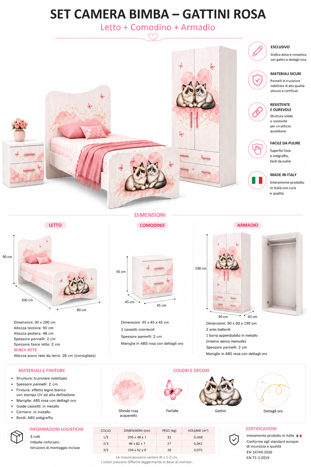 Camera per bambina con letto singolo tema gattini rosa, armadio due ante e comodino coordinato premium Made in Italy