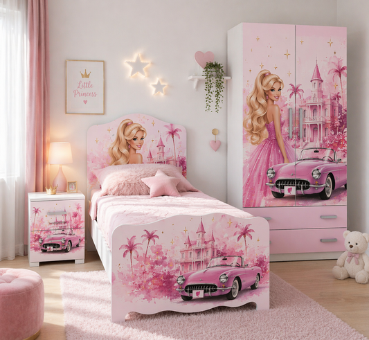 Cameretta Barbie Luxury Pink per bambina con armadio guardaroba rosa, letto singolo coordinato e comodino glamour stile principessa moderna
