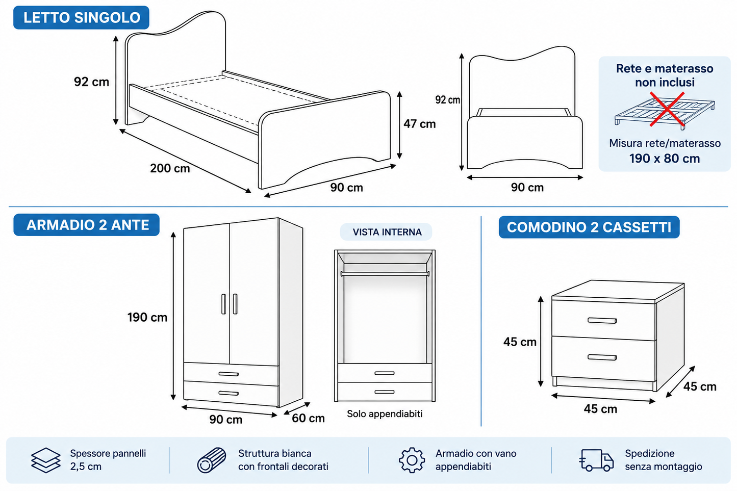 Cameretta Cars Saetta McQueen – Letto Singolo, Armadio 2 Ante e Comodino