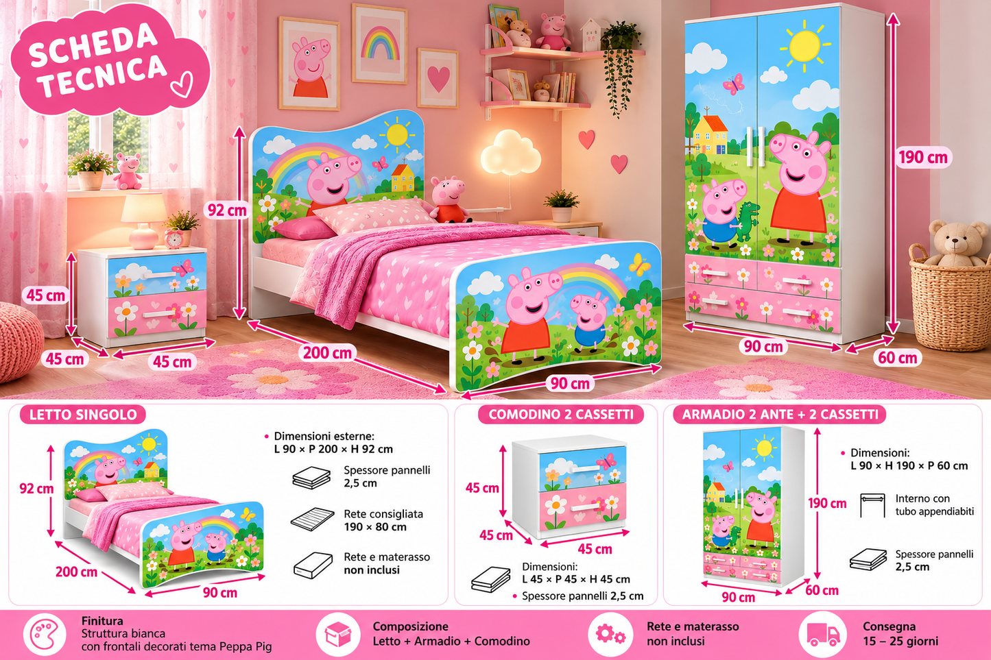 Cameretta Peppa Pig – Letto Singolo, Armadio e Comodino