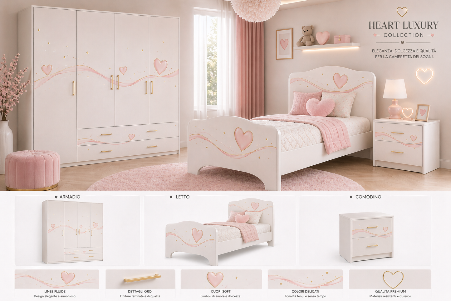 Sweet Heart Luxury Room – Cameretta Rosa Cipria Elegante con Letto, Armadio e Comodino per Bambina