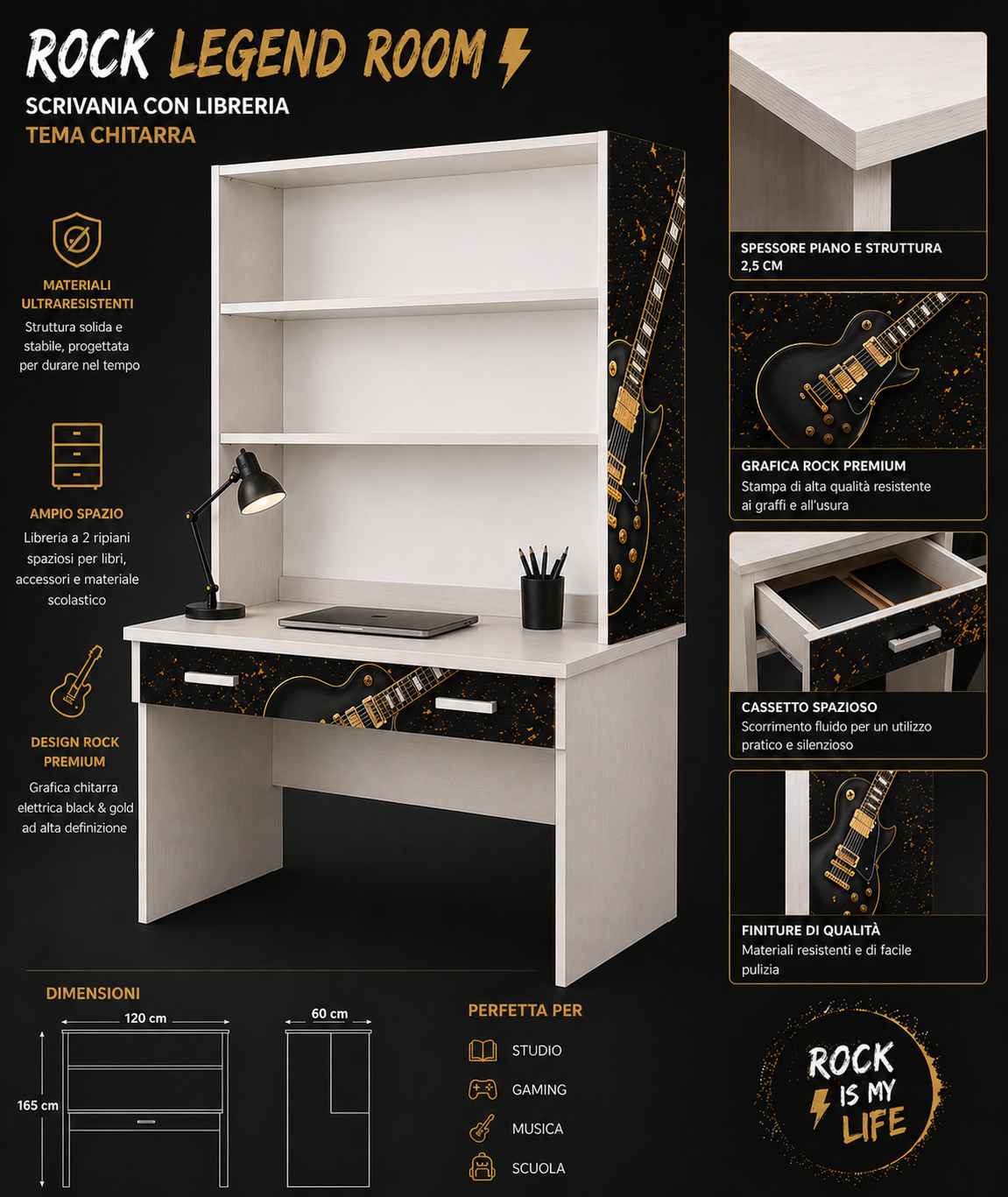 Rock Legend Room – Scrivania con Libreria Tema Chitarra Black & Gold per Cameretta Ragazzi