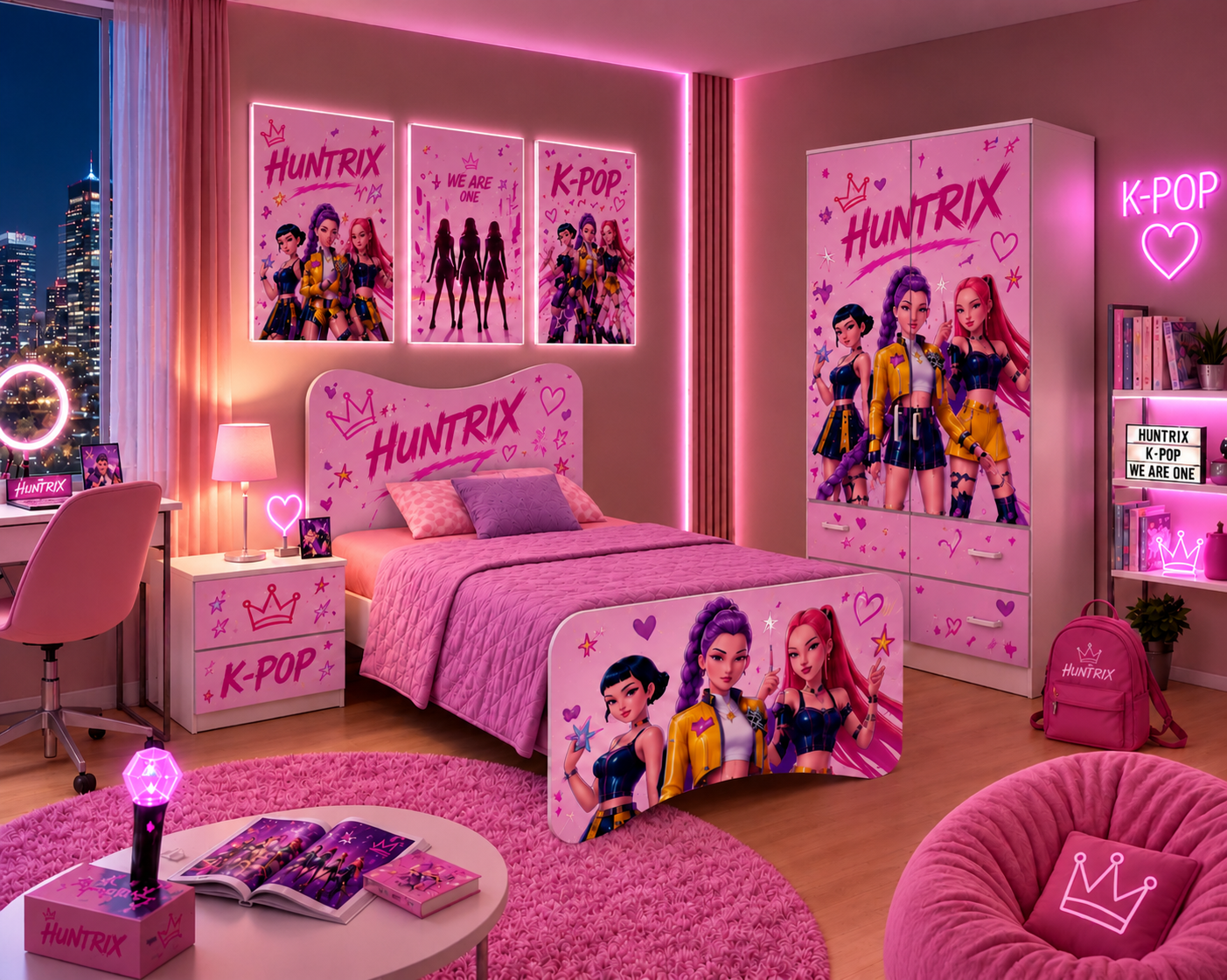 Cameretta Huntrix K-Pop con Letto Singolo, Armadio 2 Ante e Comodino