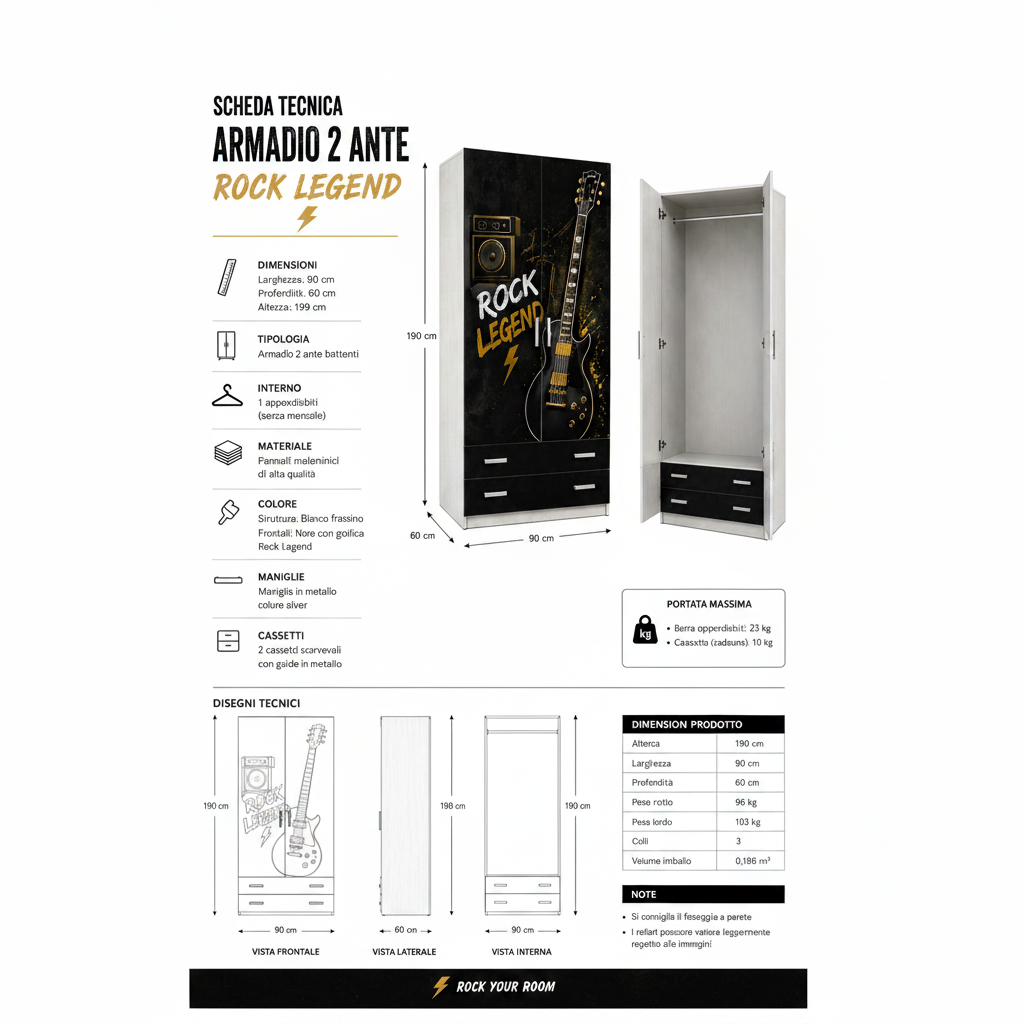 Armadio Rock Legend – Armadio 2 Ante con Cassetti Design Chitarra Rock Black Gold per Cameretta Ragazzo