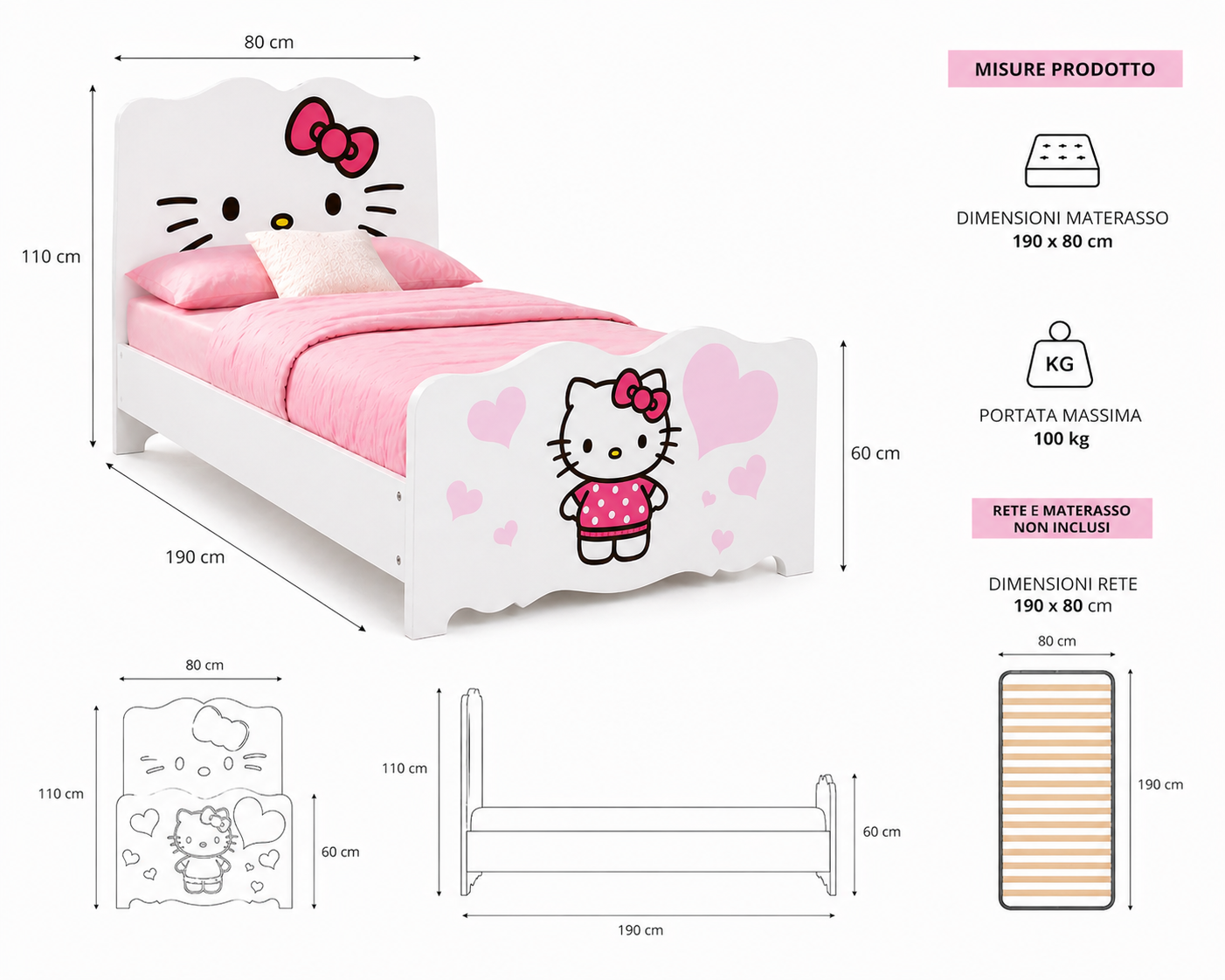 Letto Singolo Kitty Sweet Pink – Letto Bambina Rosa 200x90 Stile Glamour
