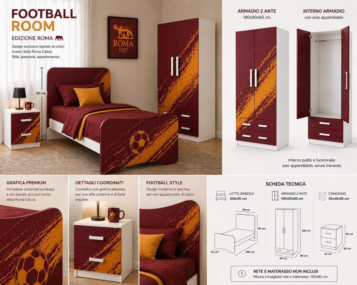 Roma Legacy Football Room – Cameretta Calcio Luxury Bordeaux Oro con Letto, Comodino e Armadio