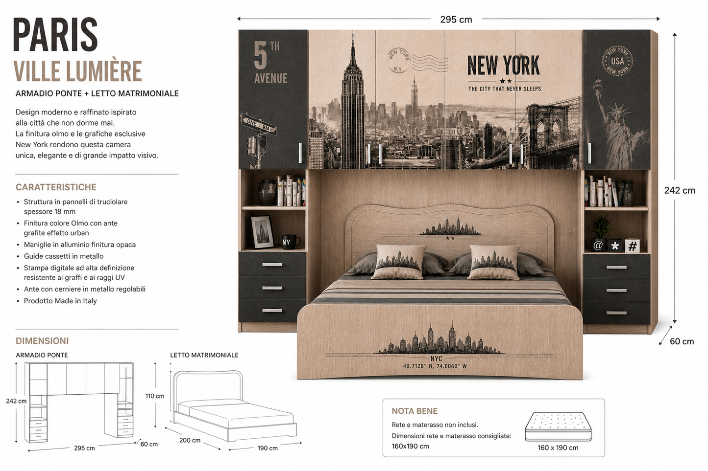 New York Urban Bridge – Armadio Ponte Matrimoniale 295 cm con Letto Moderno NYC in Olmo