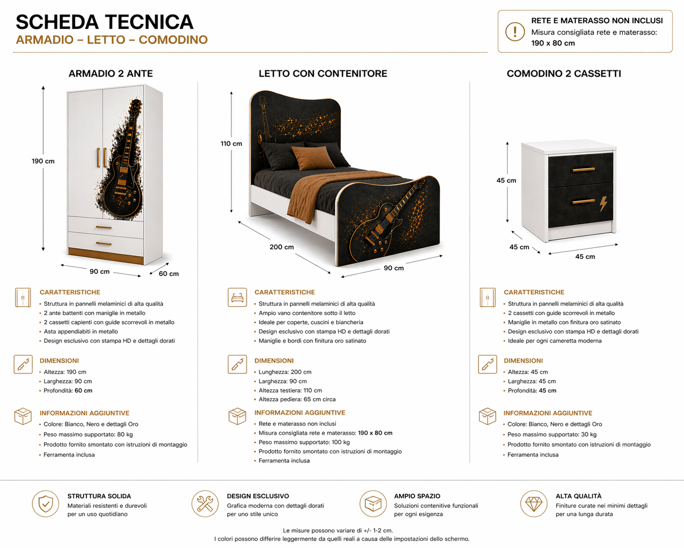 Rockstar Guitar Luxury Room – Cameretta Rock Nero Oro con Letto, Armadio e Comodino per Teenager