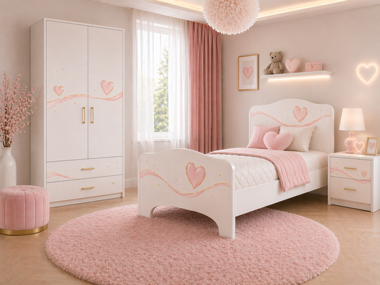 Sweet Heart Luxury Room – Cameretta Rosa Cipria Elegante con Letto, Armadio e Comodino per Bambina