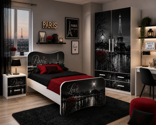 Cameretta Parigi Luxury Black & Red – Set Completo con Letto Singolo, Armadio 2 Ante e Comodino | Stile Parigi Elegante