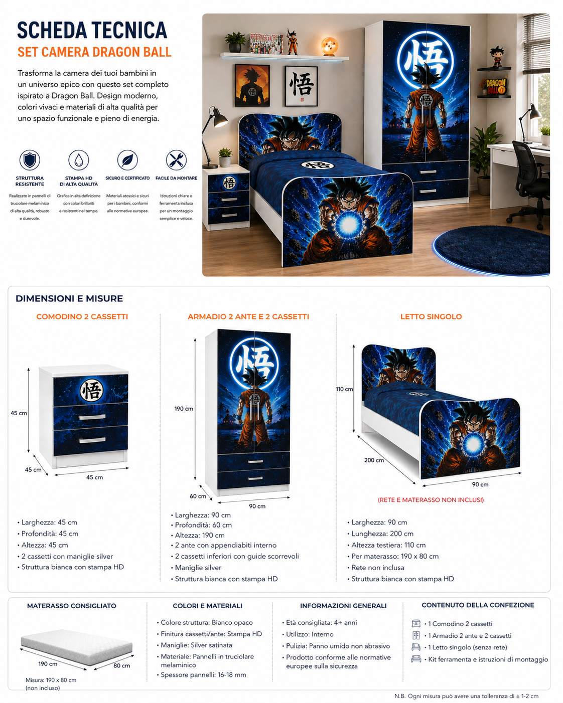 Cameretta Dragon Boll Energy Blue – Set Letto Singolo, Comodino e Armadio Stile Anime Battle