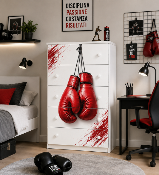 Cassettiera Boxing Power Red – Mobile Cameretta Tema Pugilato Moderno con Guantoni Rossi
