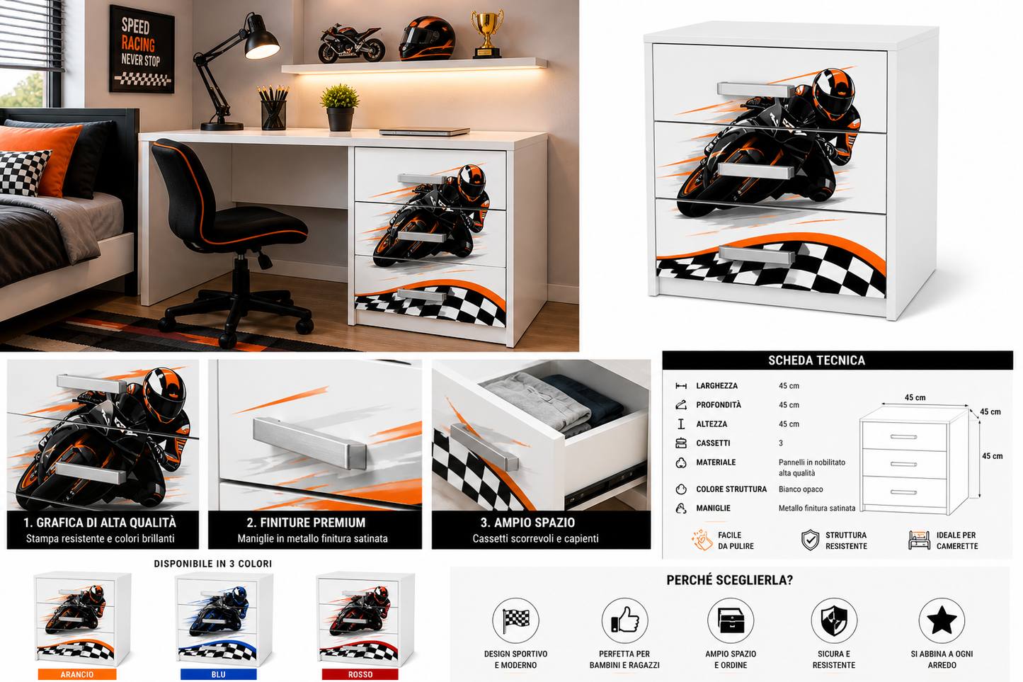Scrivania con comodino moto