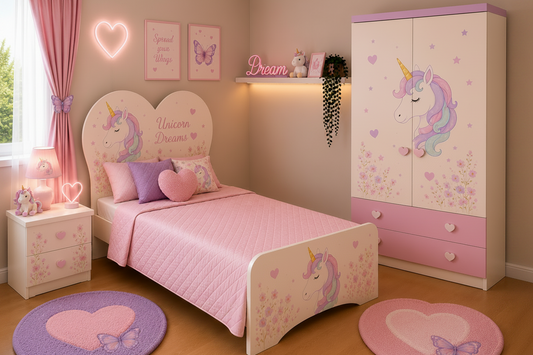 Cameretta Unicorn Heart – Letto Cuore con Armadio e Comodino Fantasy Rosa Lilla