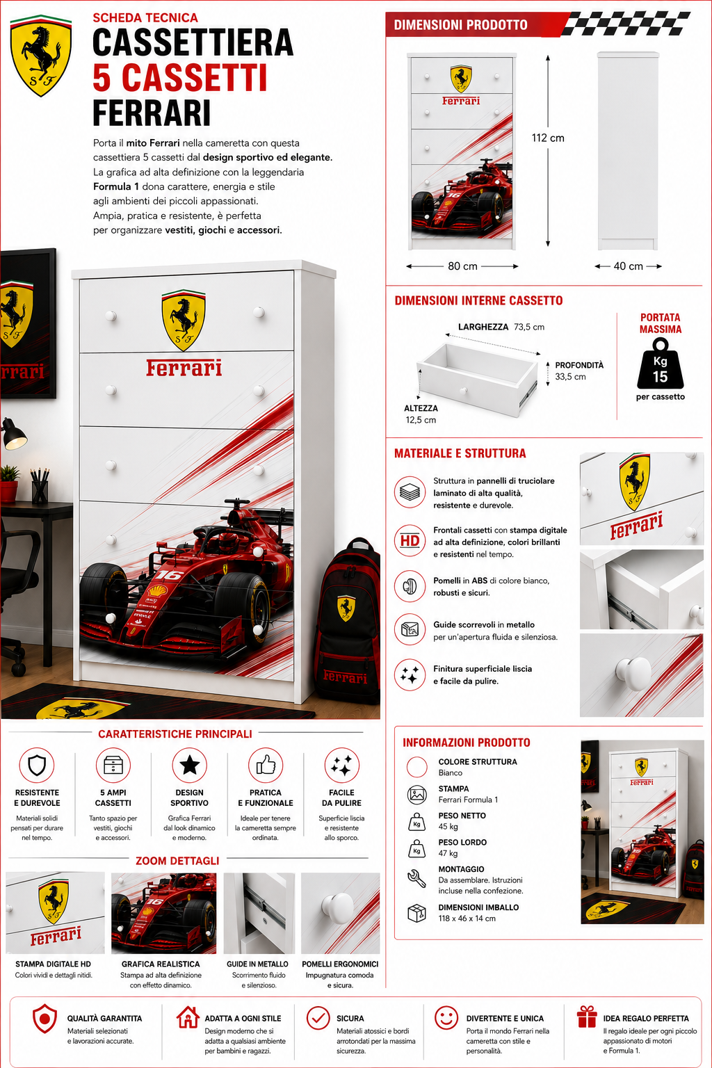 Cassettiera Ferrari Racing – Design Formula 1 per Camerette Moderne