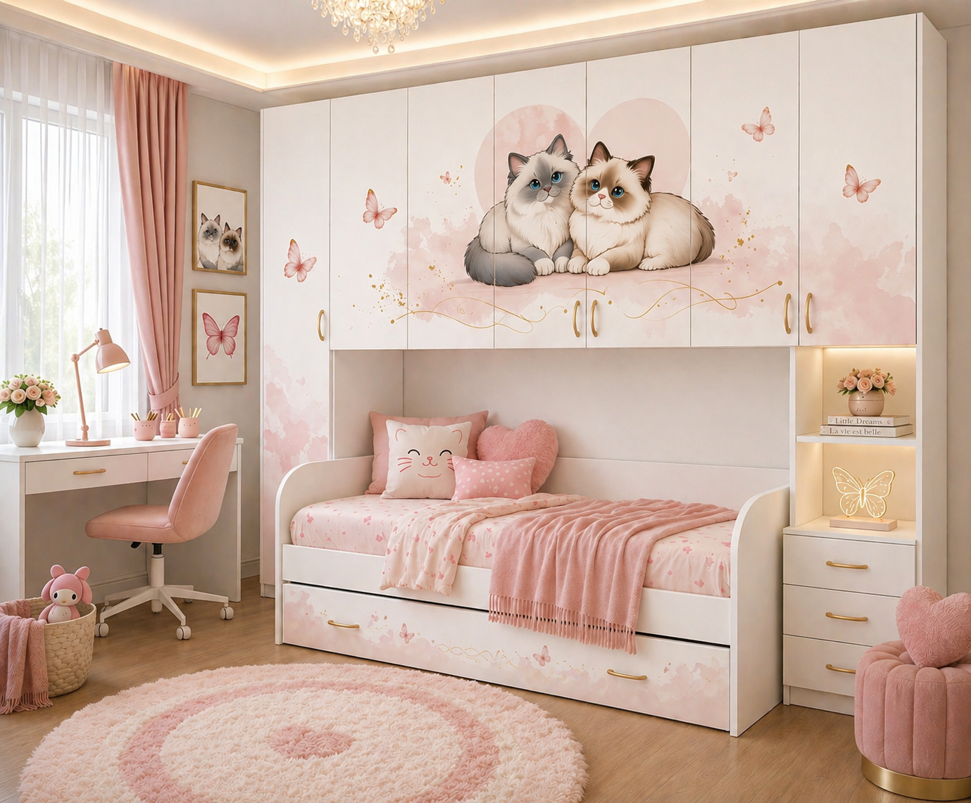 Cameretta a Ponte Gattini & Farfalle Luxury – Camera Rosa Salvaspazio per Bambina con Letto Estraibile