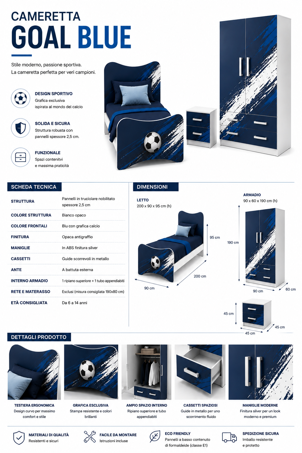 Cameretta Calcio Goal Blue – Letto Calcio Moderno con Armadio e Comodino Grafica Sport Blu Premium