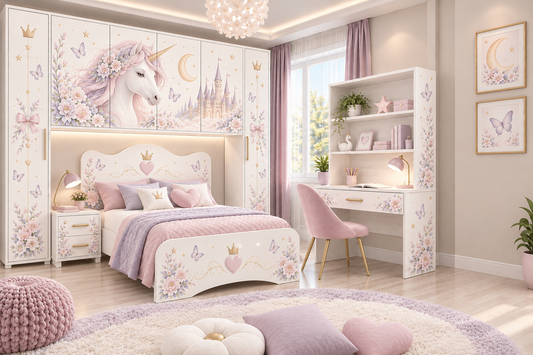 Cameretta a Ponte Unicorn Dream Luxury – Letto 1 Piazza e Mezza, Comodino e Scrivania con Libreria