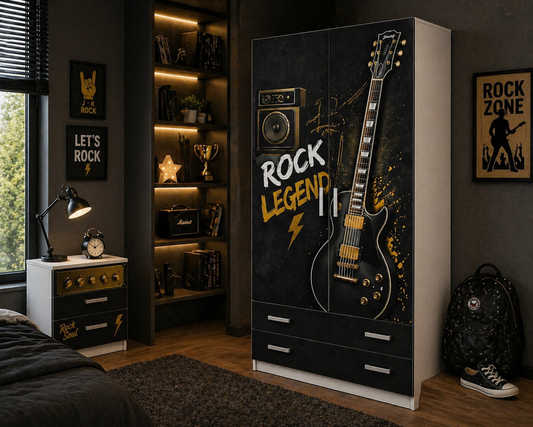 Armadio Rock Legend – Armadio 2 Ante con Cassetti Design Chitarra Rock Black Gold per Cameretta Ragazzo
