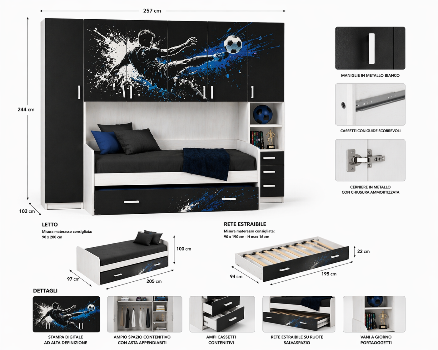 Cameretta a Ponte Urban Icon – Design NERO AZZURRO con 2 reti Letto Integrato