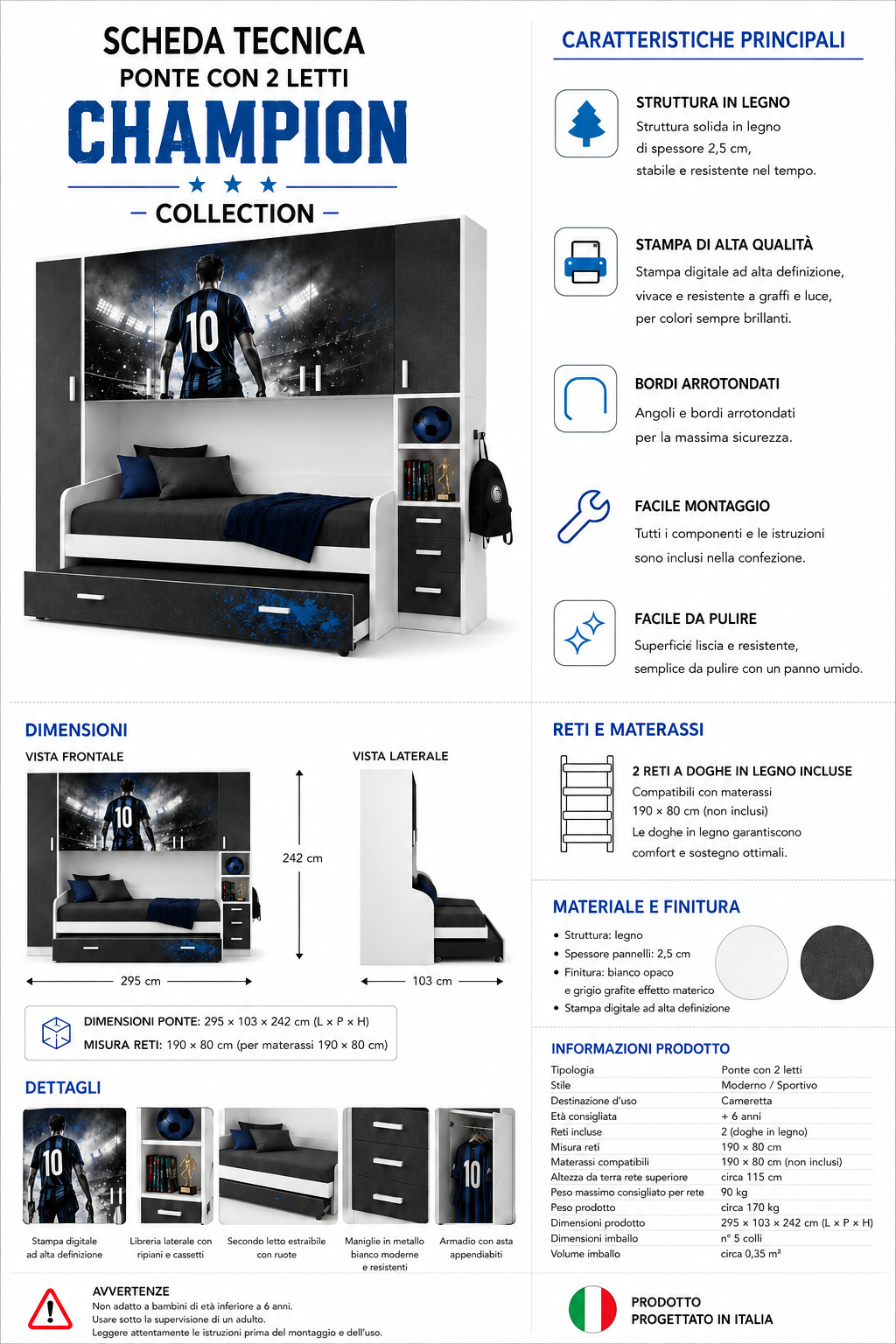 Cameretta a Ponte Champion Collection – Tema Calcio Blu/Nero con 2 Letti Estraibili e 2 Reti Incluse