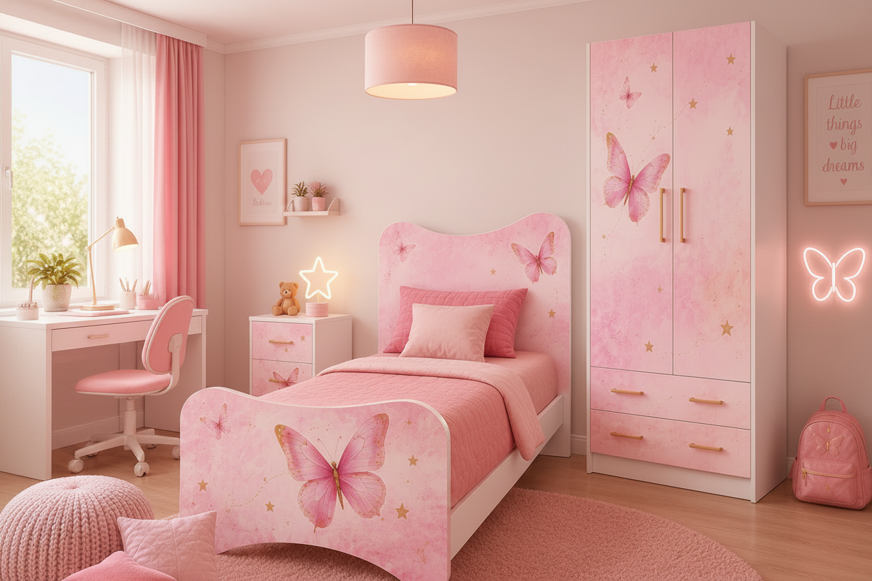 Cameretta a Ponte Dream Butterfly Bianca e Rosa con 2 Letti e Grafica Farfalle Luxury – 295x242 cm