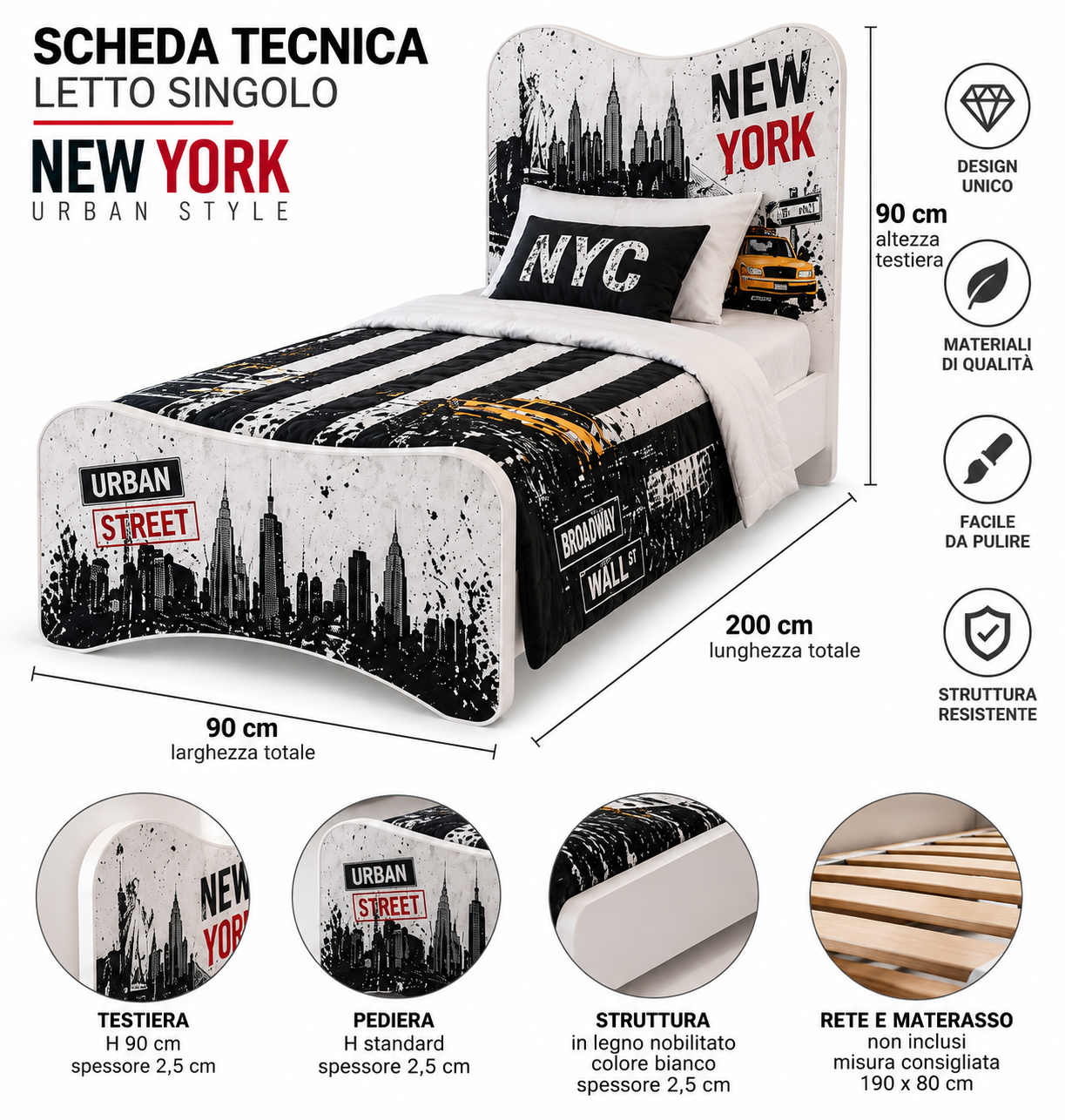 Letto Singolo New York Urban – 90×200 cm