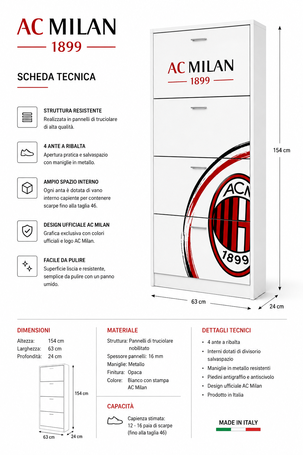 Scarpiera AC Milan 4 Ribalte Bianca – Mobile Salvaspazio Design Calcio Moderno