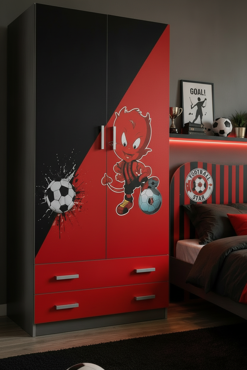 Football Star Milan Red Room – Cameretta Calcio Rosso Nero con Armadio, Letto e Comodino