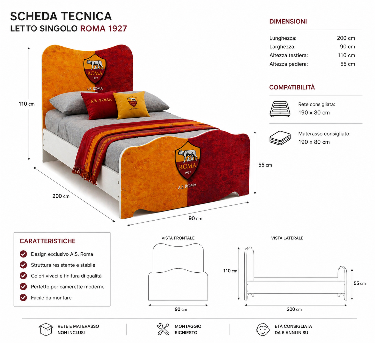 Letto Singolo Perseo Roma Style – Letto Calcio Rosso Oro per Cameretta Ragazzo 200x90