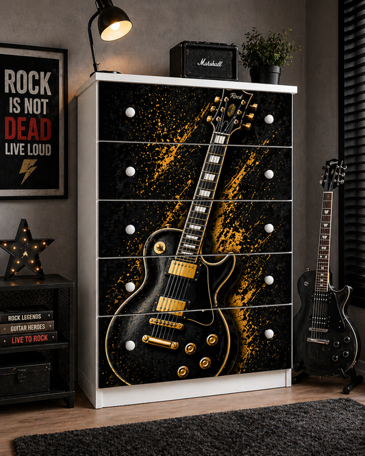 Rock Legend Room – Cassettiera 5 Cassetti Tema Chitarra Black & Gold per Cameretta Ragazzi