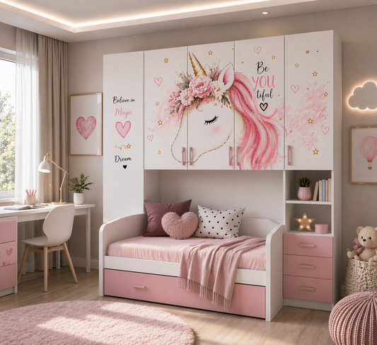 Cameretta a Ponte Unicorno 294 cm Premium con Letto Estraibile – Sogni di Unicorno