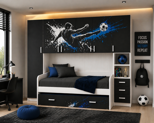 Cameretta a Ponte Champion Collection – Tema Calcio Blu/Nero con 2 Letti Estraibili e 2 Reti Incluse