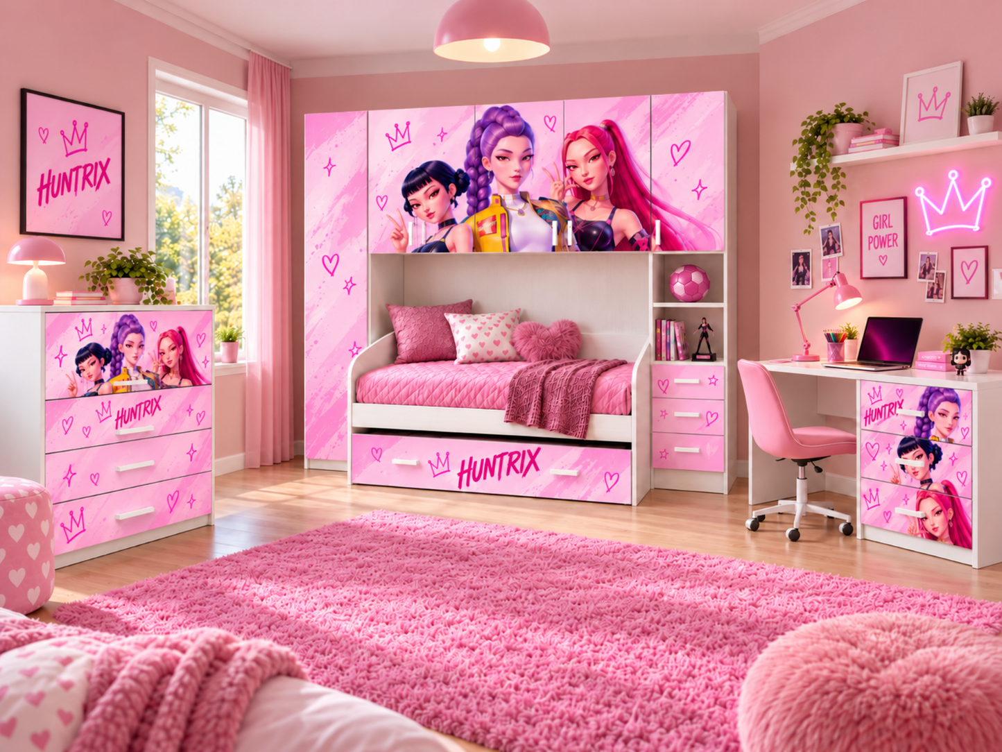 Scrivania Huntrix Rosa K-Pop con 3 Cassetti – Design Moderno per Cameretta