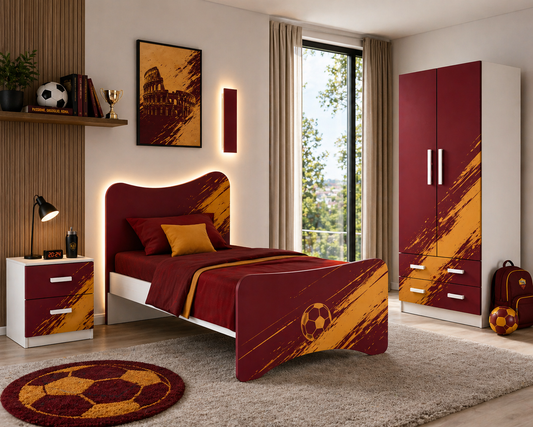Roma Legacy Football Room – Cameretta Calcio Luxury Bordeaux Oro con Letto, Comodino e Armadio