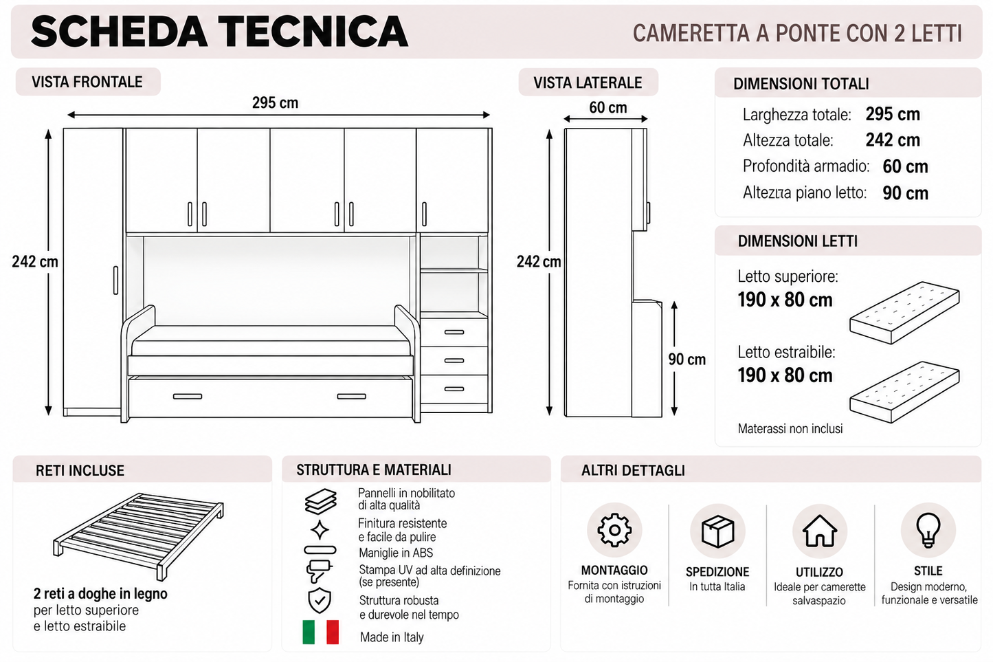 Cameretta a Ponte Paperina con Letto Estraibile – Rosa e Lilla