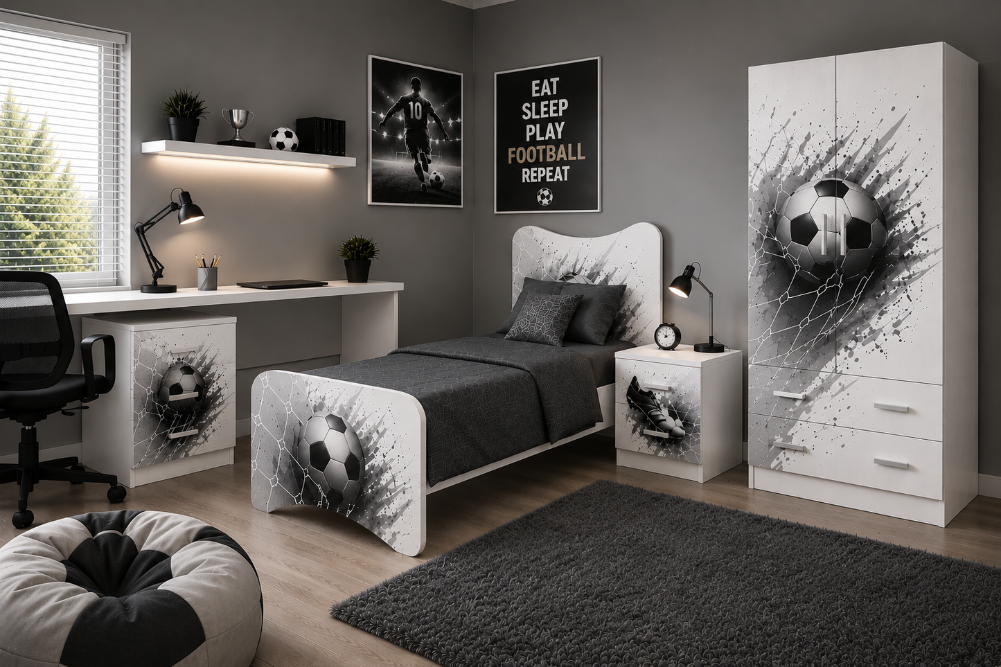 Cameretta Calcio Moderna – Letto, Comodino e Armadio Coordinati