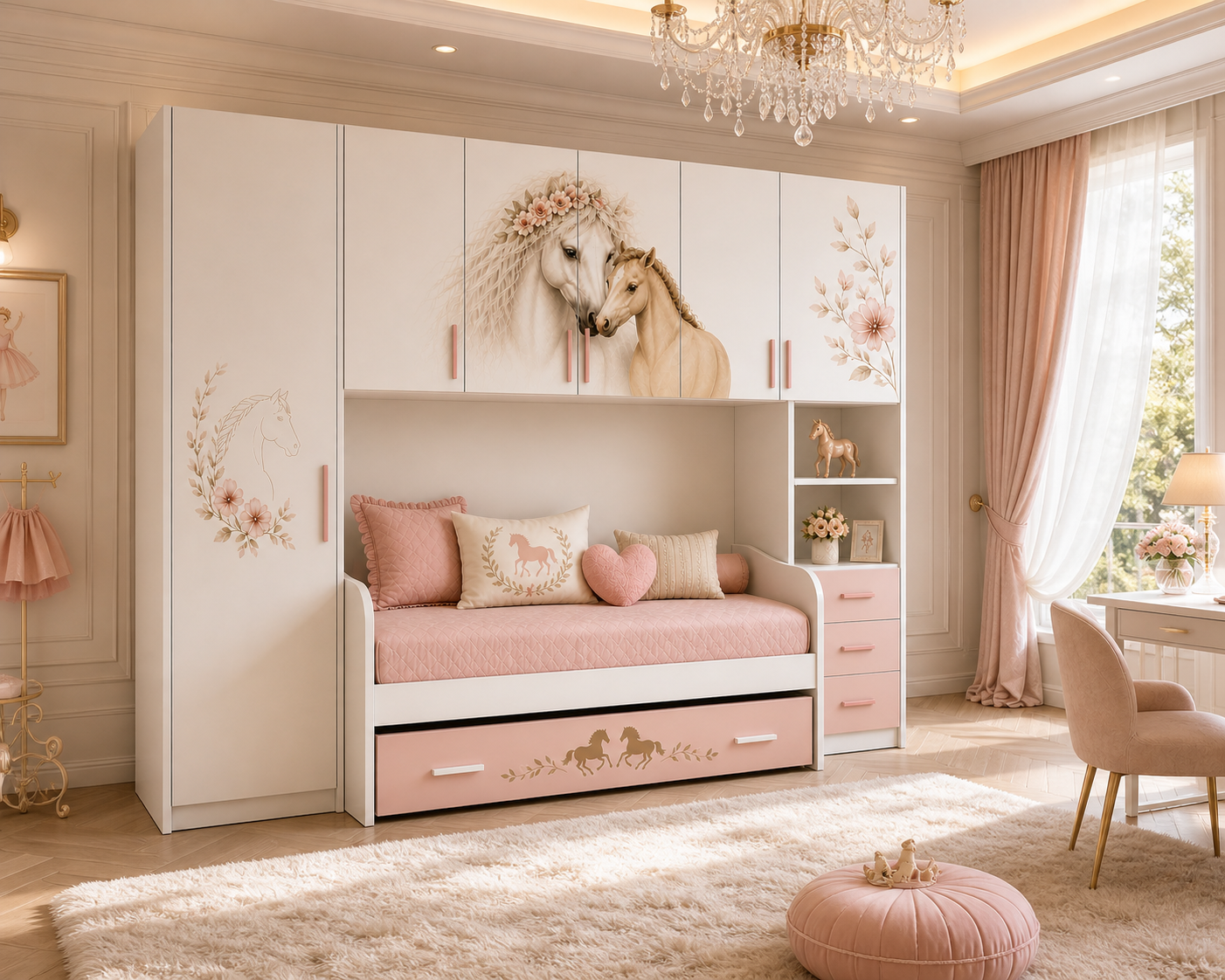 Dream Horse Luxury Room – Cameretta a Ponte Elegance con Letto Estraibile per Bambine