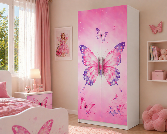 Butterfly Dream Luxury Wardrobe – Armadio Farfalle Rosa 2 Ante 2 Cassetti per Cameretta Bambina