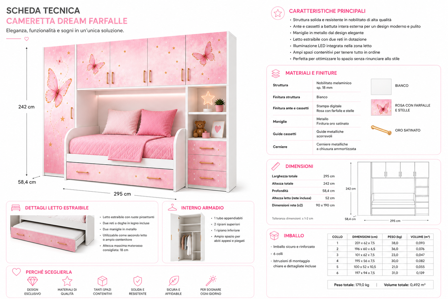 Cameretta a Ponte Dream Farfalla Bianca e Rosa con 2 Letti e Grafica Farfalle Luxury – 295x242 cm