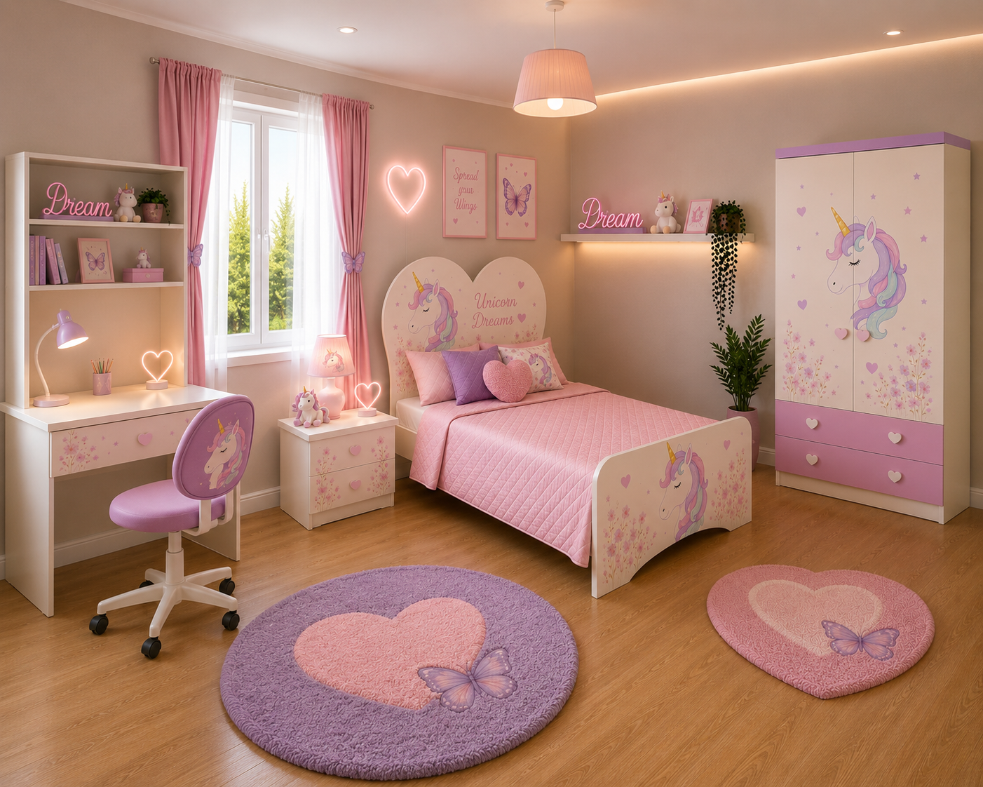 Cameretta Unicorn Heart – Letto Cuore con Armadio e Comodino Fantasy Rosa Lilla