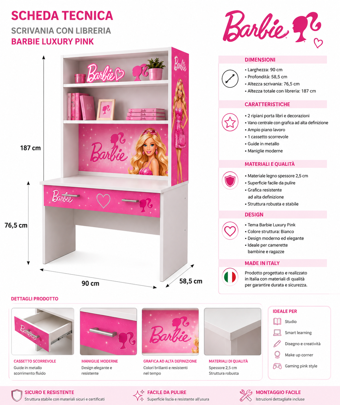 Scrivania con Libreria Barbie Luxury Pink – Design Elegante per Camerette Glamour