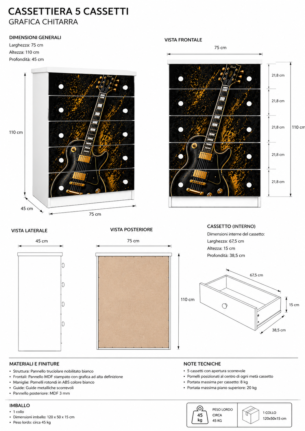Rock Legend Room – Cassettiera 5 Cassetti Tema Chitarra Black & Gold per Cameretta Ragazzi