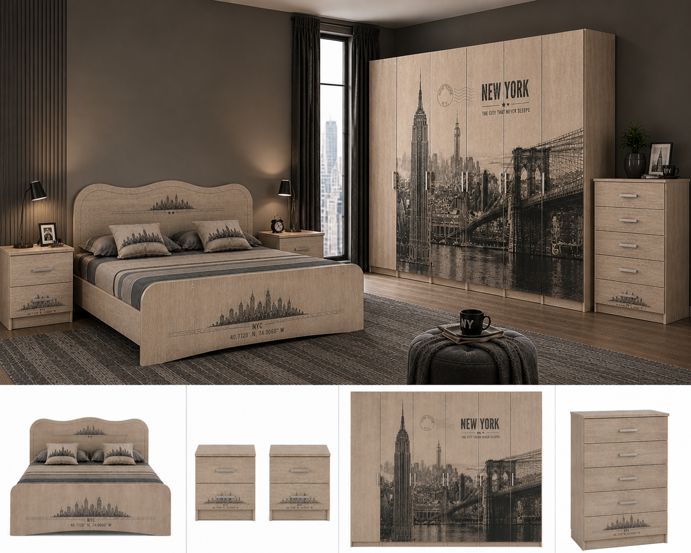 New York Urban Loft – Camera Matrimoniale Completa 6 Ante in Olmo con Letto Skyline NYC