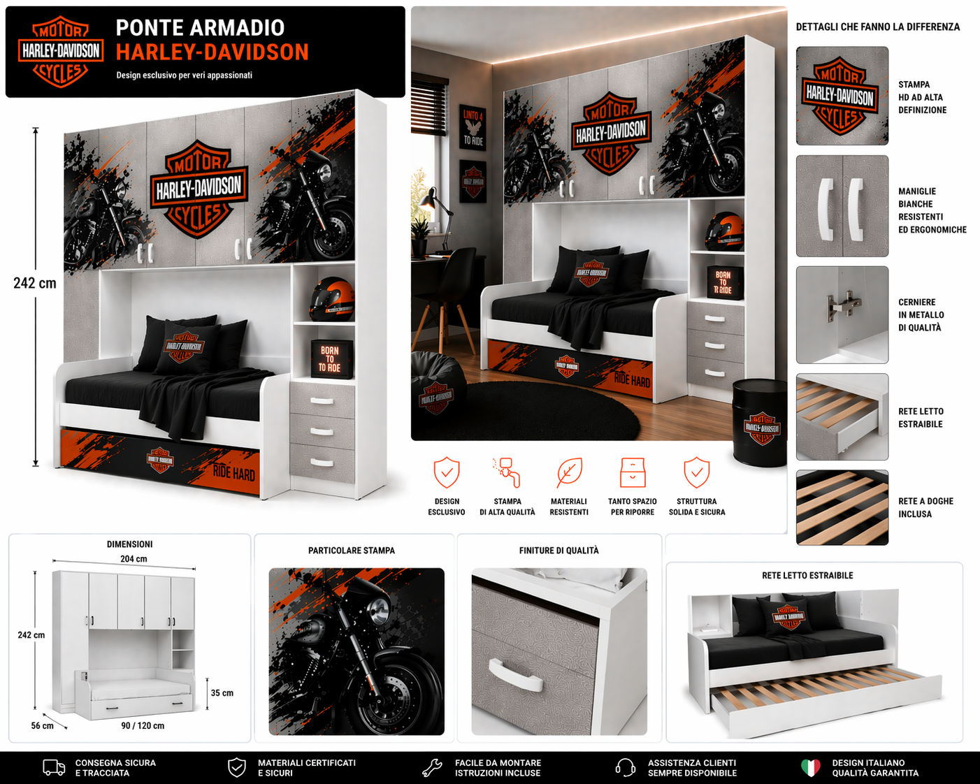 Cameretta a Ponte Urban Icon – Design Harley Style con 2 reti Letto Integrato