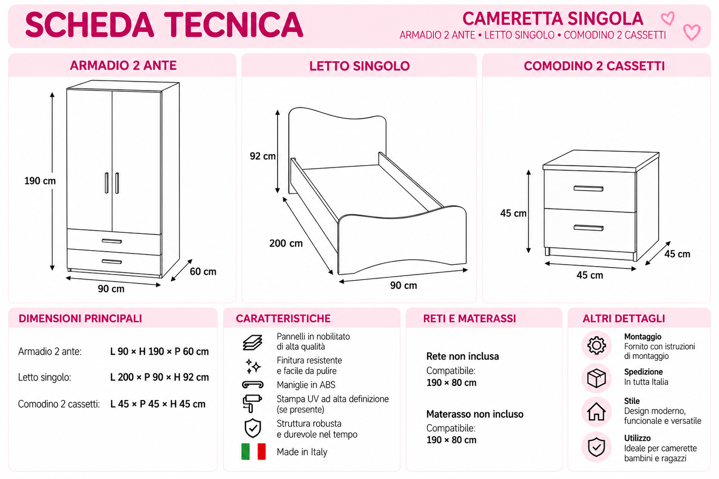 Cameretta Paperina Dream – Letto Singolo, Armadio 2 Ante e Comodino