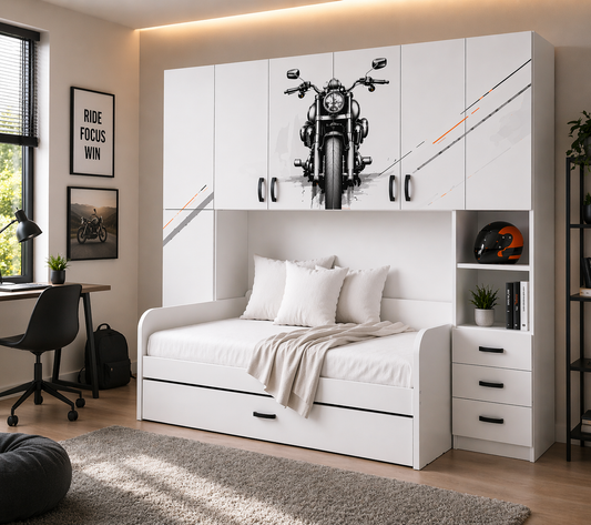 Ride Focus Room – Cameretta a Ponte Moderna per Ragazzi con Letto Estraibile e Grafica Moto Urban Design