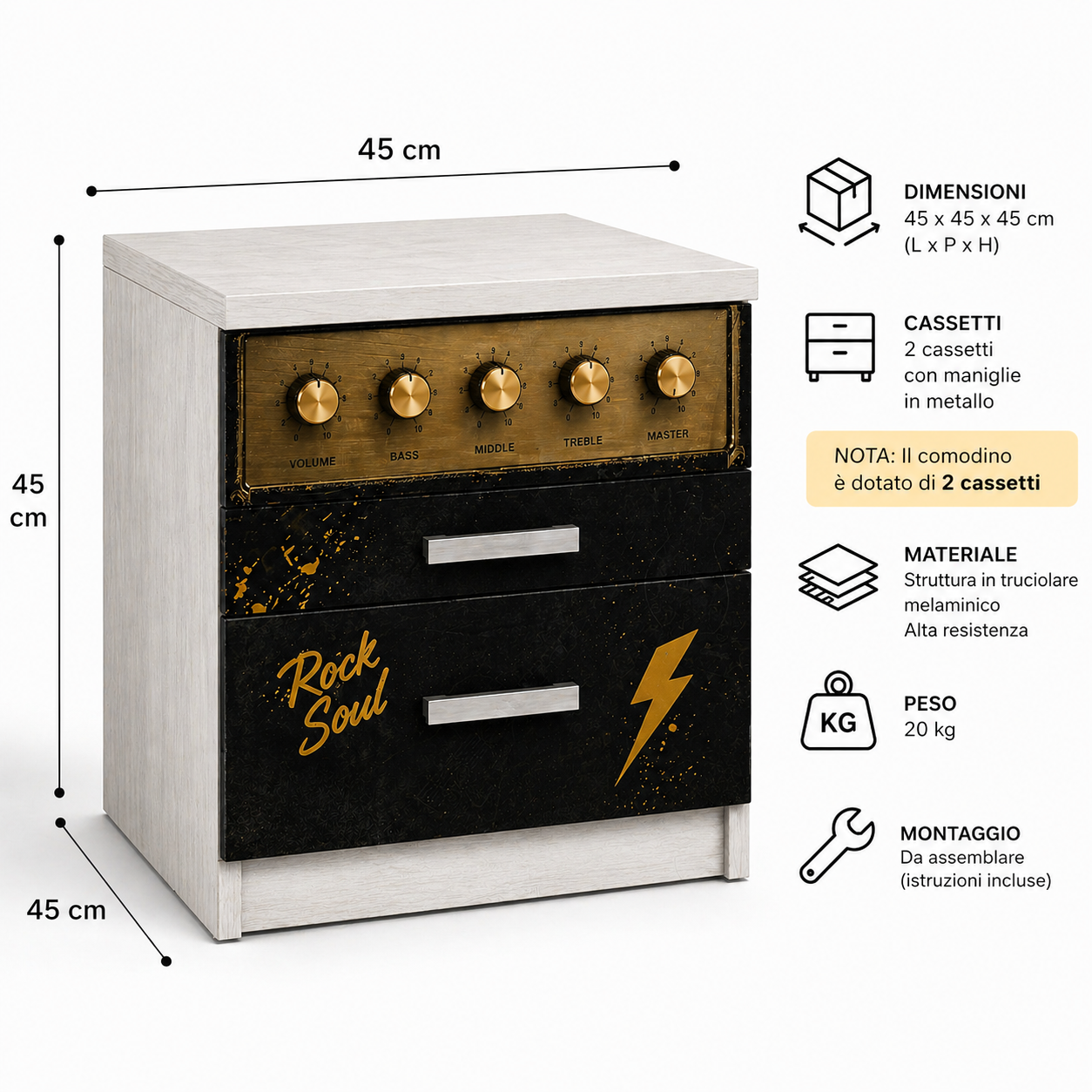 Rock Soul Night – Comodino Rock Style con Design Amplificatore Vintage | Comodino Moderno per Cameretta Ragazzo