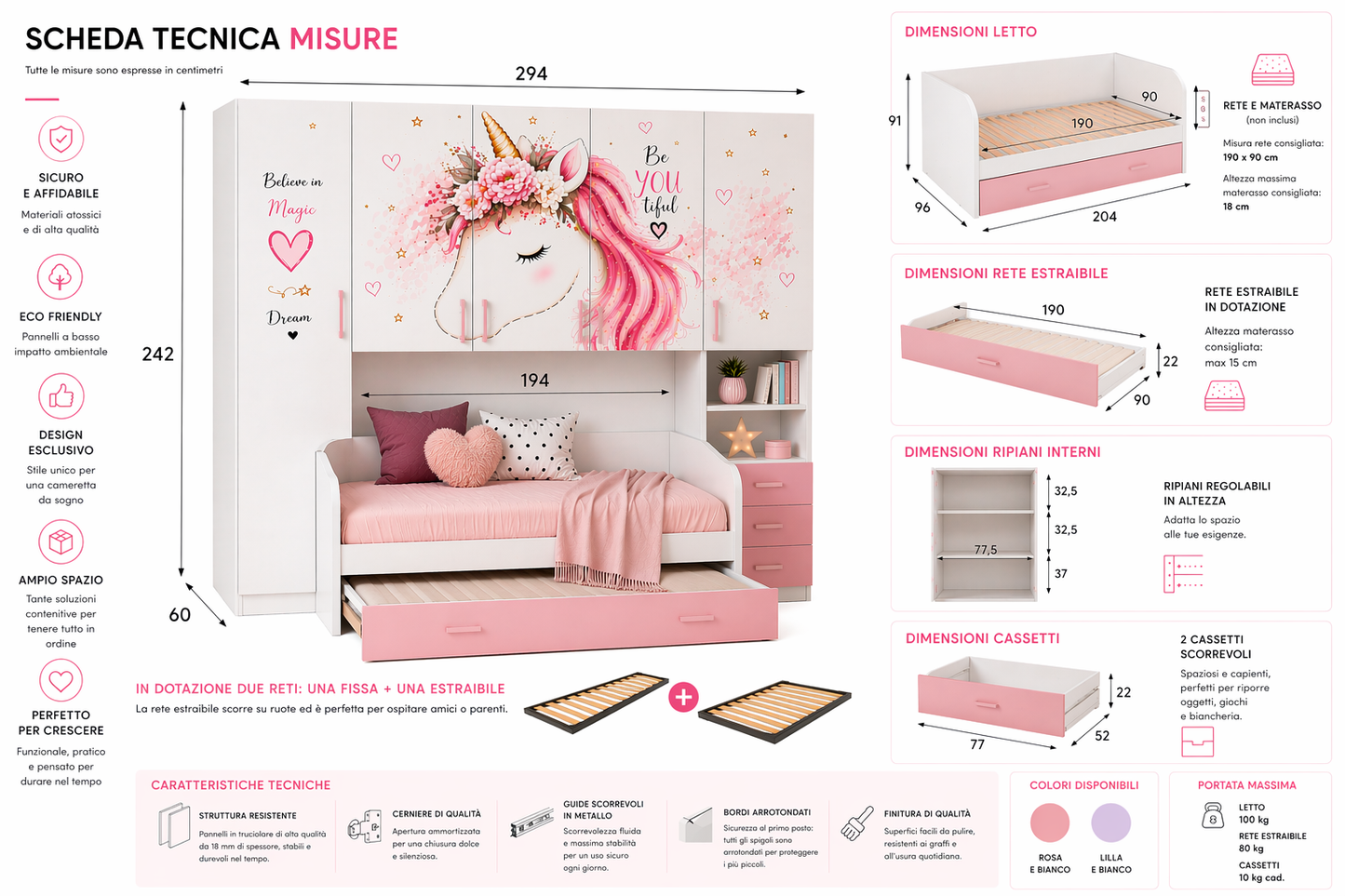 Cameretta a Ponte Unicorno 294 cm Premium con Letto Estraibile – Sogni di Unicorno