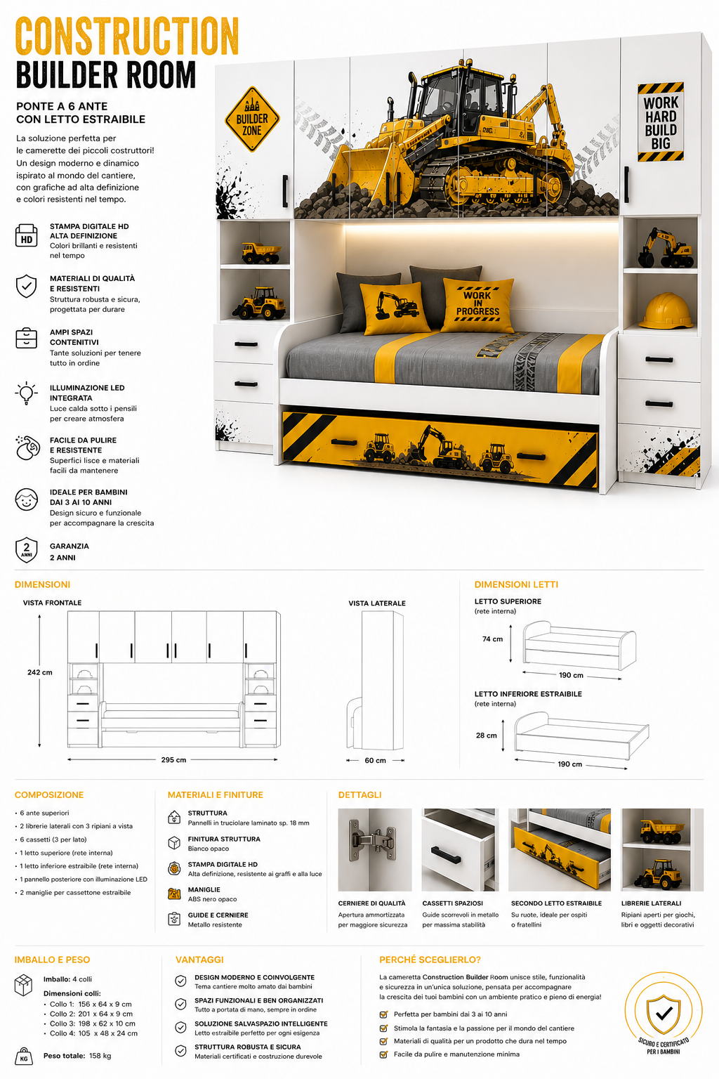Construction Builder Room – Cameretta a Ponte con Letto Estraibile Tema Ruspe & Cantiere Premium